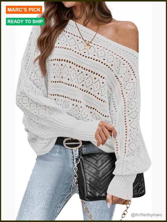 Sweaters - Off Shoulder Oversized Knit Batwing Long Sleeve Crochet Pullover Sweater